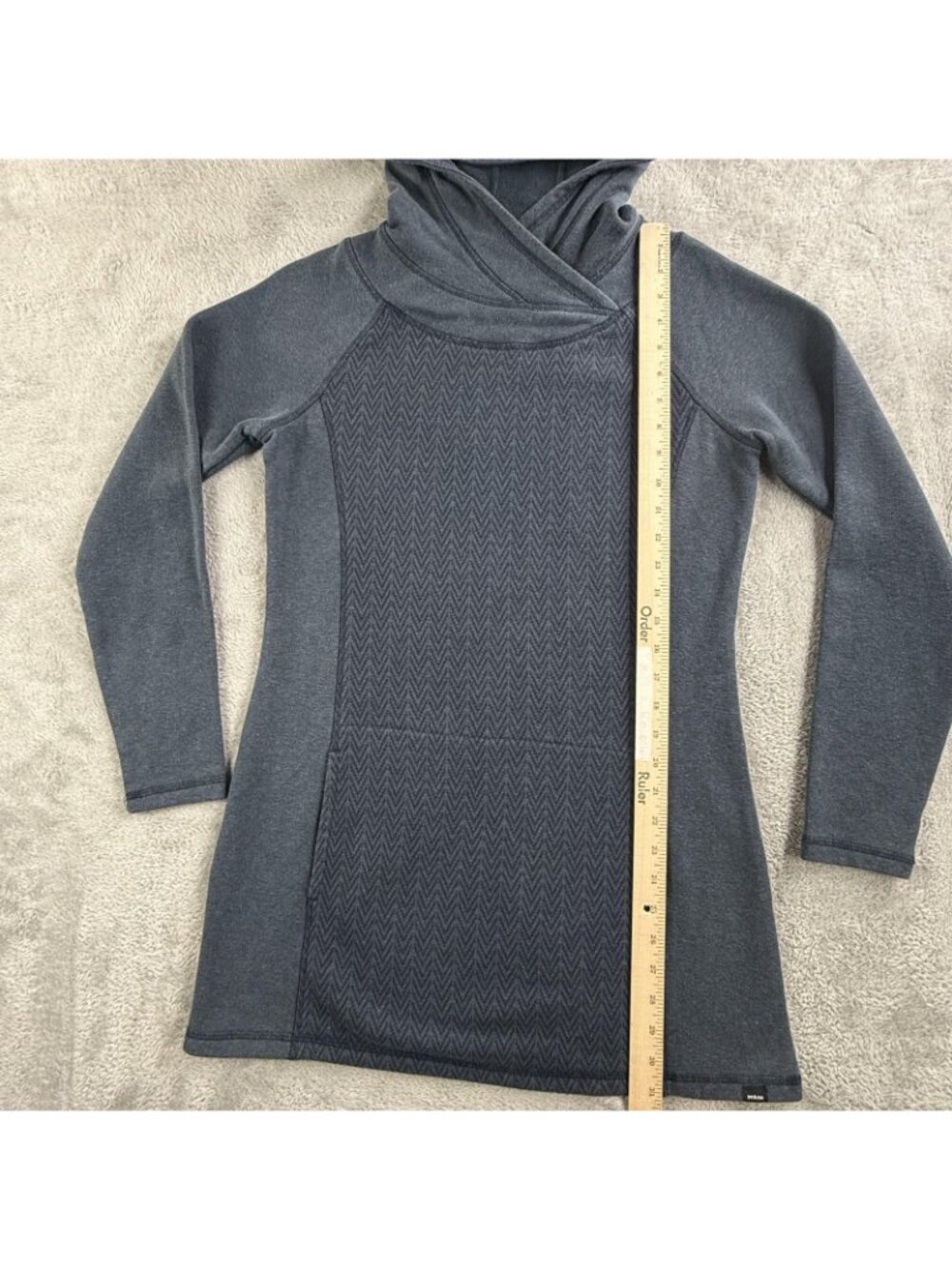 PrAna Hoodie Mens Medium Blue Herringbone Tunic High Neck Pullover Knit Pockets - Picture 7 of 12